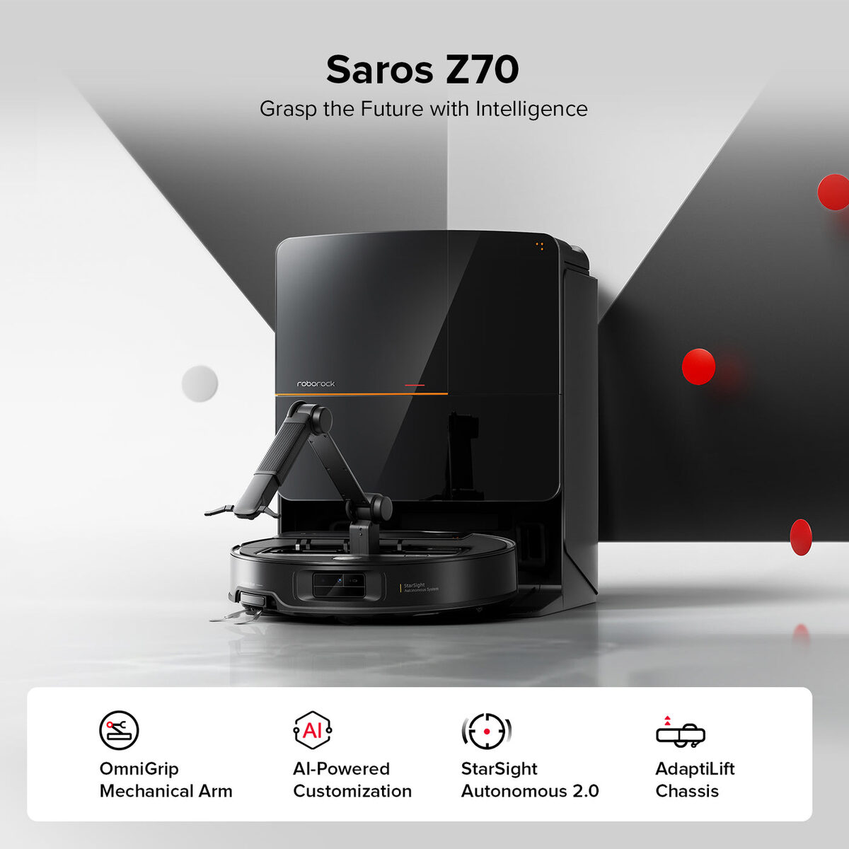 Roborock Saros Z70 robot vacuum with its OmniGrip mechanical arm extended, next to its dock